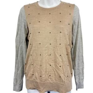 Ann Taylor Loft Beaded Thin Wool Blend Beige Gray Rhinestone Pearl Sweater sz M